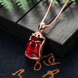 Crystal Ruby Pendant Necklace 18K Rose Square Gemstone Chain