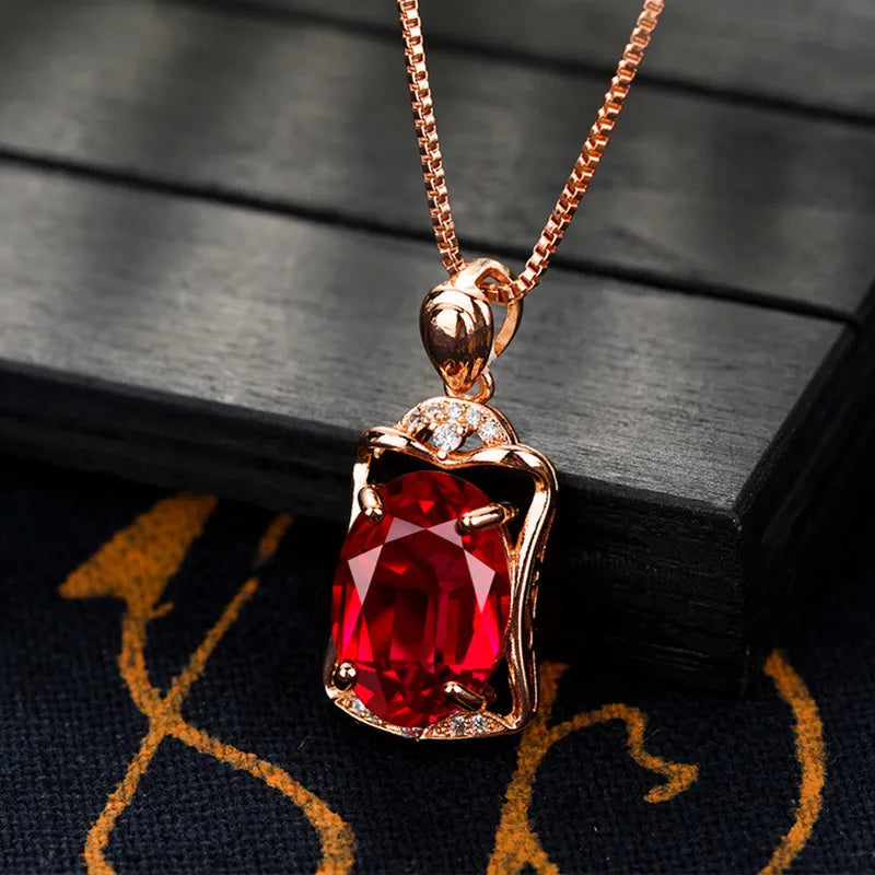 Crystal Ruby Pendant Necklace 18K Rose Square Gemstone Chain