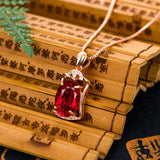 Crystal Ruby Pendant Necklace 18K Rose Square Gemstone Chain