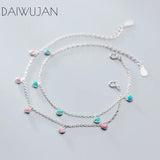 925 Sterling Silver Pink Green Heart Pendant Bracelet Romantic Jewelry