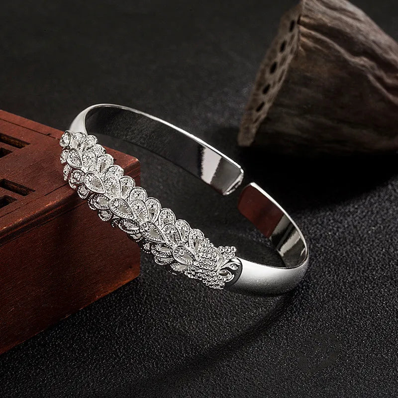 Sterling Silver Ethnic Style Peacock Cuff Bracelet