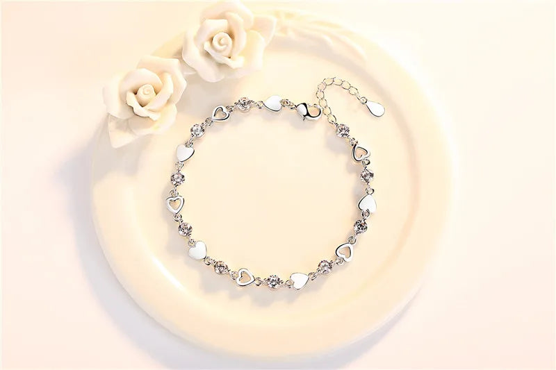 Sterling Silver Zircon Heart Bracelet for Women Wedding Jewelry