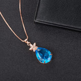 Rose Water Drop Sapphire Crystal Pendant Necklace Zircon Flower Jewelry
