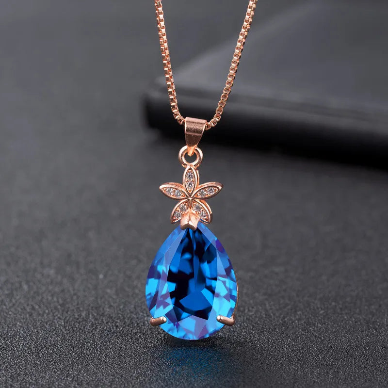 Rose Water Drop Sapphire Crystal Pendant Necklace Zircon Flower Jewelry