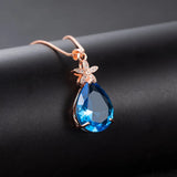 Rose Water Drop Sapphire Crystal Pendant Necklace Zircon Flower Jewelry
