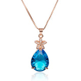Rose Water Drop Sapphire Crystal Pendant Necklace Zircon Flower Jewelry