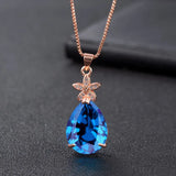 Rose Water Drop Sapphire Crystal Pendant Necklace Zircon Flower Jewelry