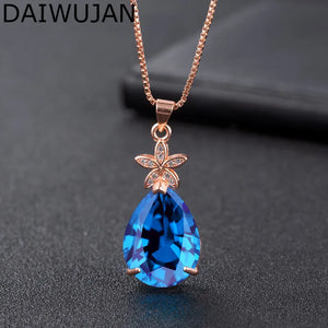 Rose Water Drop Sapphire Crystal Pendant Necklace Zircon Flower Jewelry