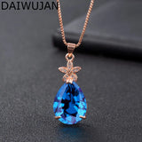 Rose Water Drop Sapphire Crystal Pendant Necklace Zircon Flower Jewelry