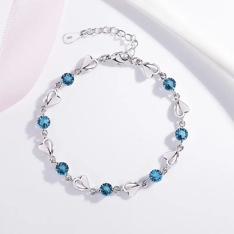 Silver Aquamarine Pink Crystal Heart Charm Bracelets for Women