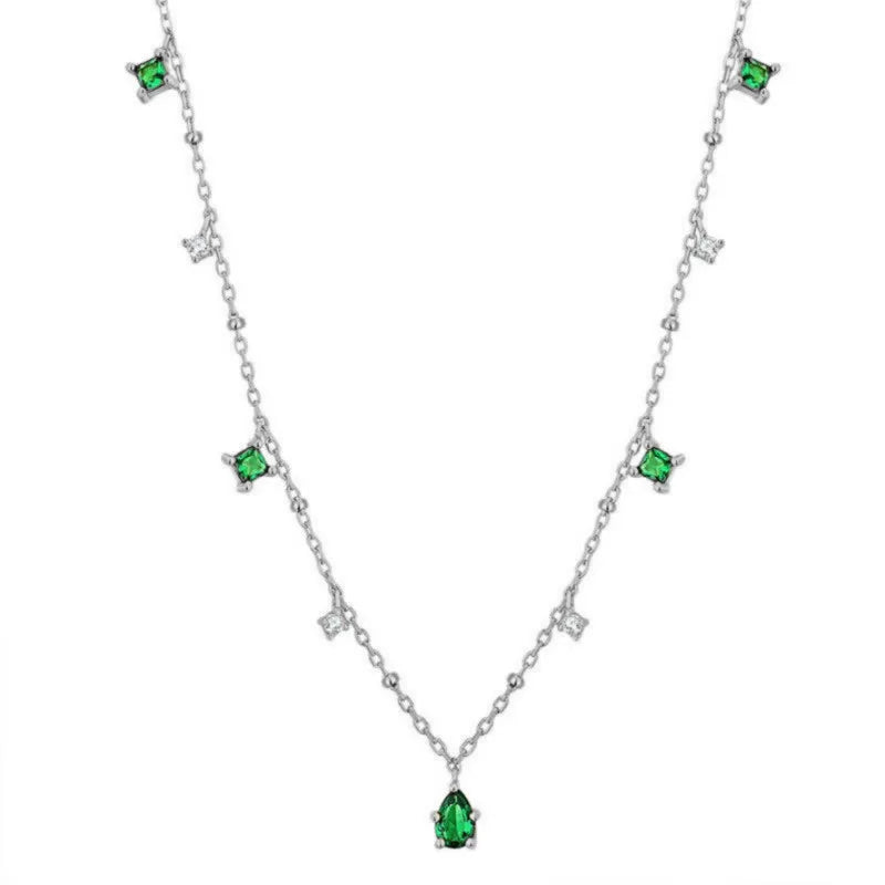 Silver Water Drop Zircon Choker Necklace Green Crystal Clavicle Chain