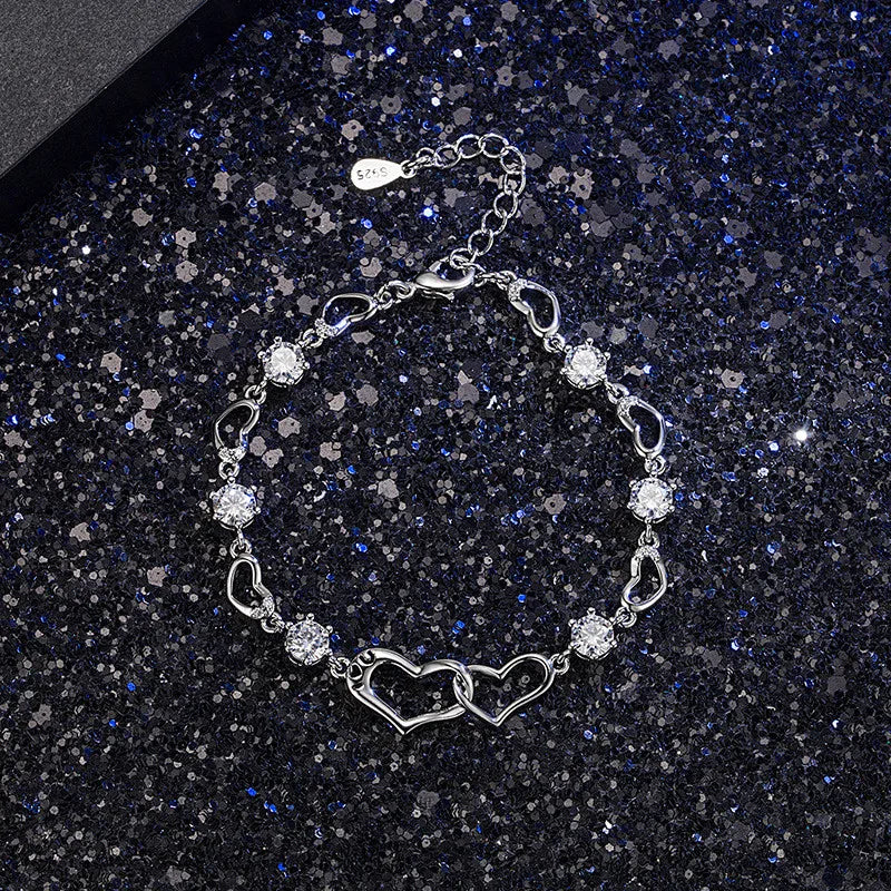 925 Silver Heart Charm Bracelet Romantic Hollow Design for Women