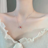 Silver Strawberry Crystal Pendant Necklace For Women Students Charm Jewelry