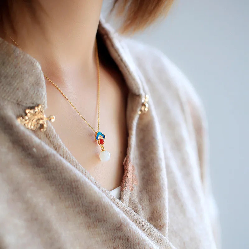 Chinese Style Hetian Jade Pendant Necklace 925 Silver Inlaid Enamel Jewelry