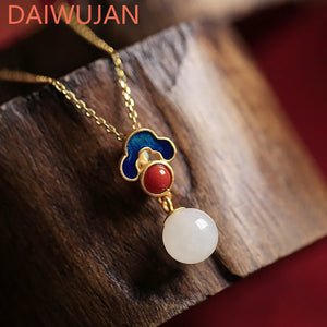 Chinese Style Hetian Jade Pendant Necklace 925 Silver Inlaid Enamel Jewelry