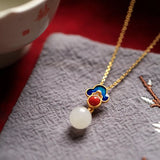Chinese Style Hetian Jade Pendant Necklace 925 Silver Inlaid Enamel Jewelry