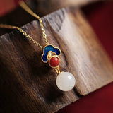 Chinese Style Hetian Jade Pendant Necklace 925 Silver Inlaid Enamel Jewelry