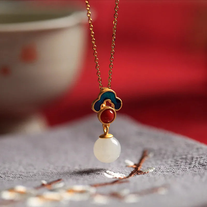 Chinese Style Hetian Jade Pendant Necklace 925 Silver Inlaid Enamel Jewelry