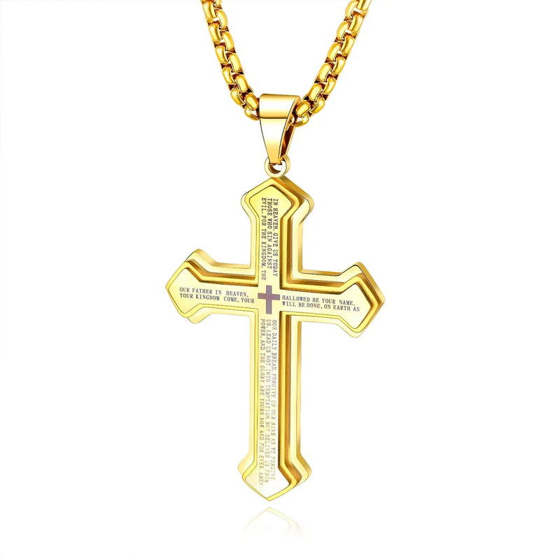 Men's Lord's Prayer Cross Pendant Christian Necklace Stainless Steel Chain