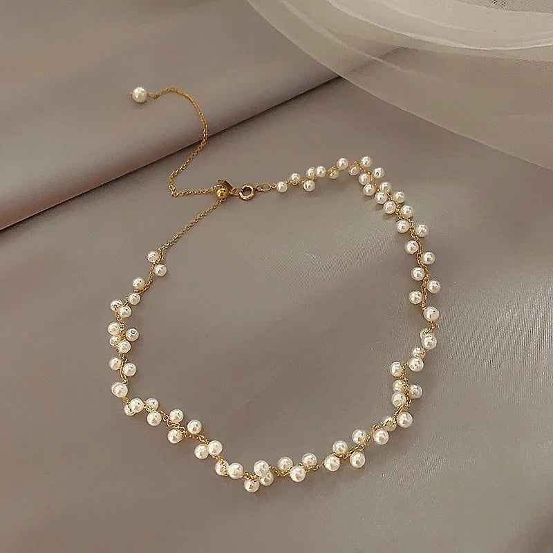 DAVINI Choker Pearl Necklace Flower Beaded Chains Necklace