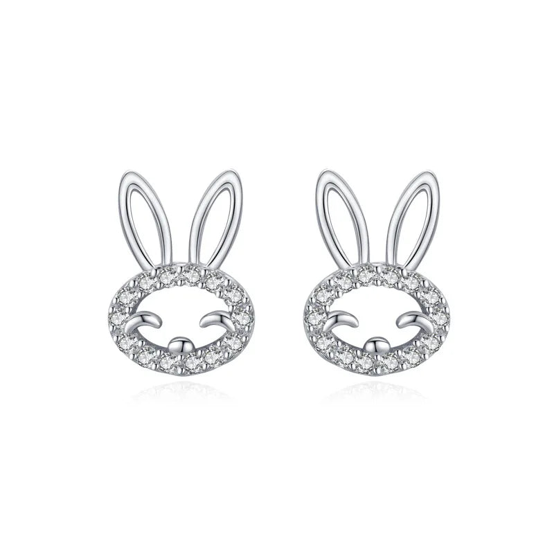 DE3 Rabbit Crystal Stud Earrings for Women Strawberry Cat Moon Cloud Leaf Pear
