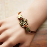 Vintage Clover Bronze Leather Rope Bracelet