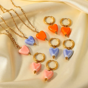Heart Pendant Necklace Ceramic Love Earrings Set