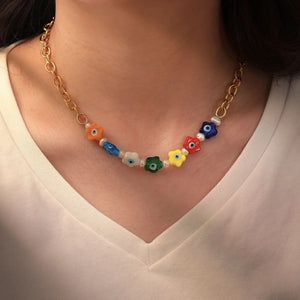 Colorful Flower Splicing Cross Chain Necklace Female Accessories