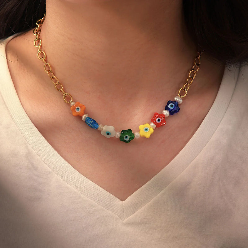 Colorful Flower Splicing Cross Chain Necklace Female Accessories
