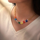 Colorful Flower Splicing Cross Chain Necklace Female Accessories