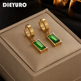 316 Stainless Steel Square Green Crystal Drop Earrings For Women