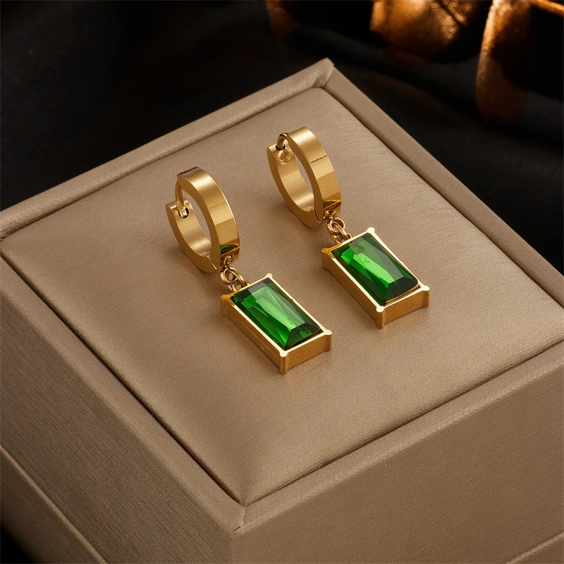 316 Stainless Steel Square Green Crystal Drop Earrings For Women