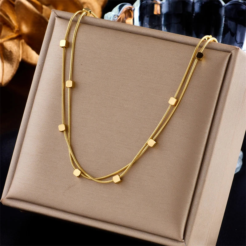 316L SS 2-In-1 Small Cube Chains Necklace Silver Girls Choker Party Jewelry