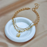 Stainless Steel Square Pendant Necklace 3-Layer Pearl for Women