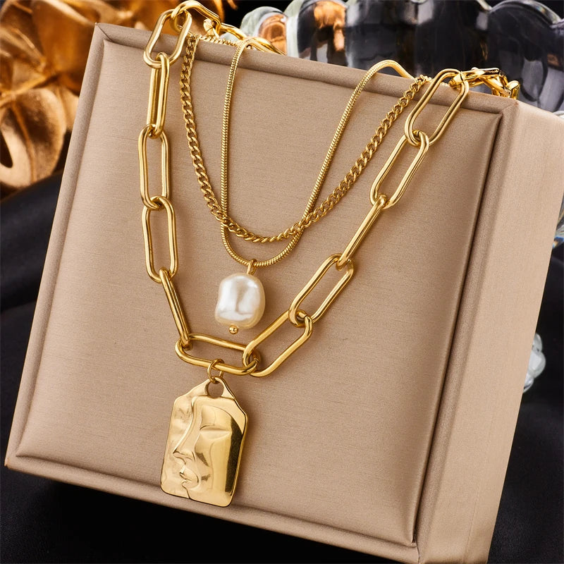 Stainless Steel Square Pendant Necklace 3-Layer Pearl for Women