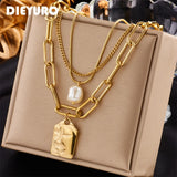 Stainless Steel Square Pendant Necklace 3-Layer Pearl for Women