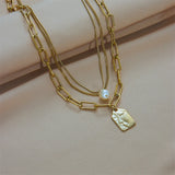 Stainless Steel Square Pendant Necklace 3-Layer Pearl for Women