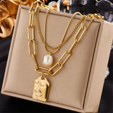 Stainless Steel Square Pendant Necklace 3-Layer Pearl for Women