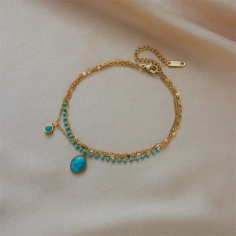 Vintage Multilayer Chain Green Stone Charm Bracelet for Women