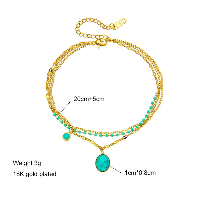 Vintage Multilayer Chain Green Stone Charm Bracelet for Women