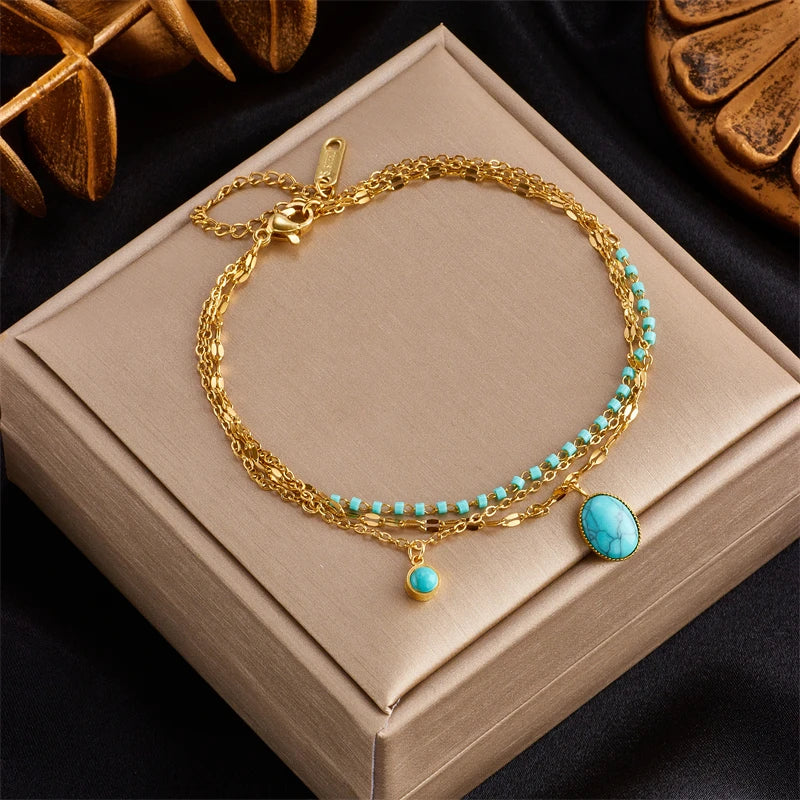 Vintage Multilayer Chain Green Stone Charm Bracelet for Women