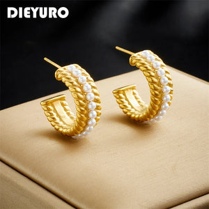 316L Stainless Steel C-shape Pearls Stud Earrings For Women Girl