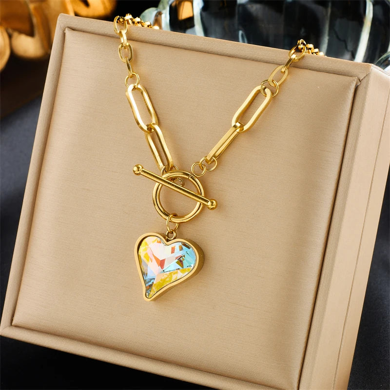 316L Stainless Steel Heart Pendant Necklace Colorful Dazzling Chain Jewelry Gift