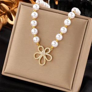 316L Stainless Steel Rhinestone Flower Pendant Necklace for Women
