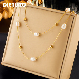 316L Stainless Steel Double Layer Pearl Necklace For Women Girls Choker