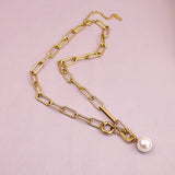 316L SS Round Freshwater Pearl Pendant Chain Golden Jewelry
