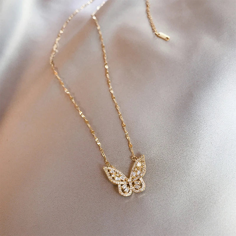316L Stainless Steel Butterfly Clavicle Chain Zircon Wedding Jewelry