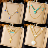 316L Stainless Steel Eye Cross Pearl Pendant Necklace Women Girl Jewelry