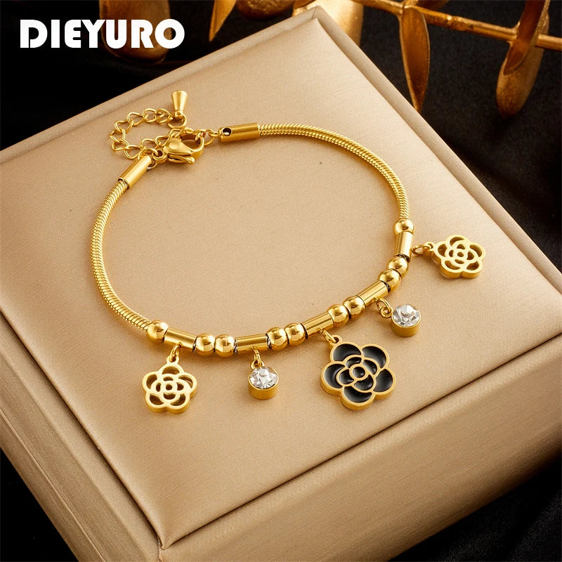 316L Stainless Steel Flower Zircon Charm Bracelet For Women