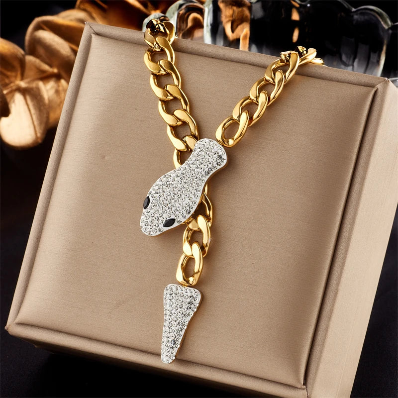 316L Stainless Steel Snake Pendant Necklace Full Rhinestone